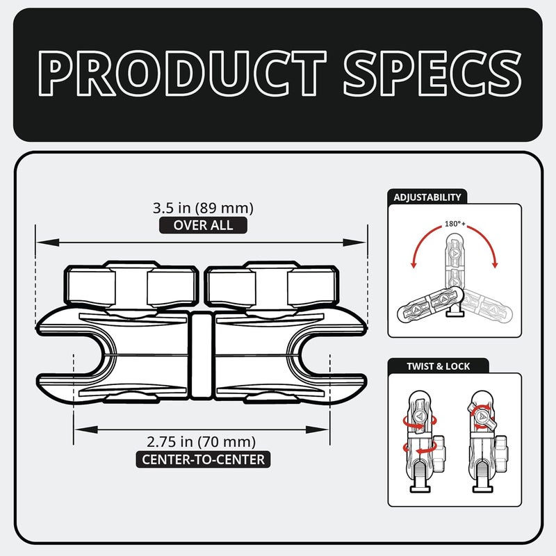 tackform 3.5" Long Metal 20mm Ball and Socket Arm DuraLock 20 Series | Dual 20mm Sockets with Optional Anti-Theft Knobs | Black - Image 5